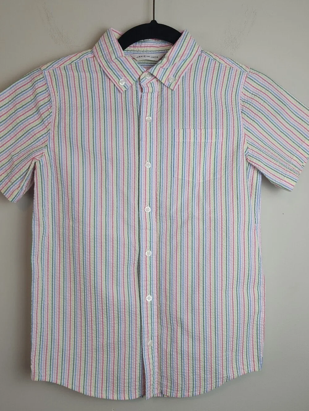 Janie and Jack boy 10 short sleeve cotton shirt button up rainbow stripe pocket